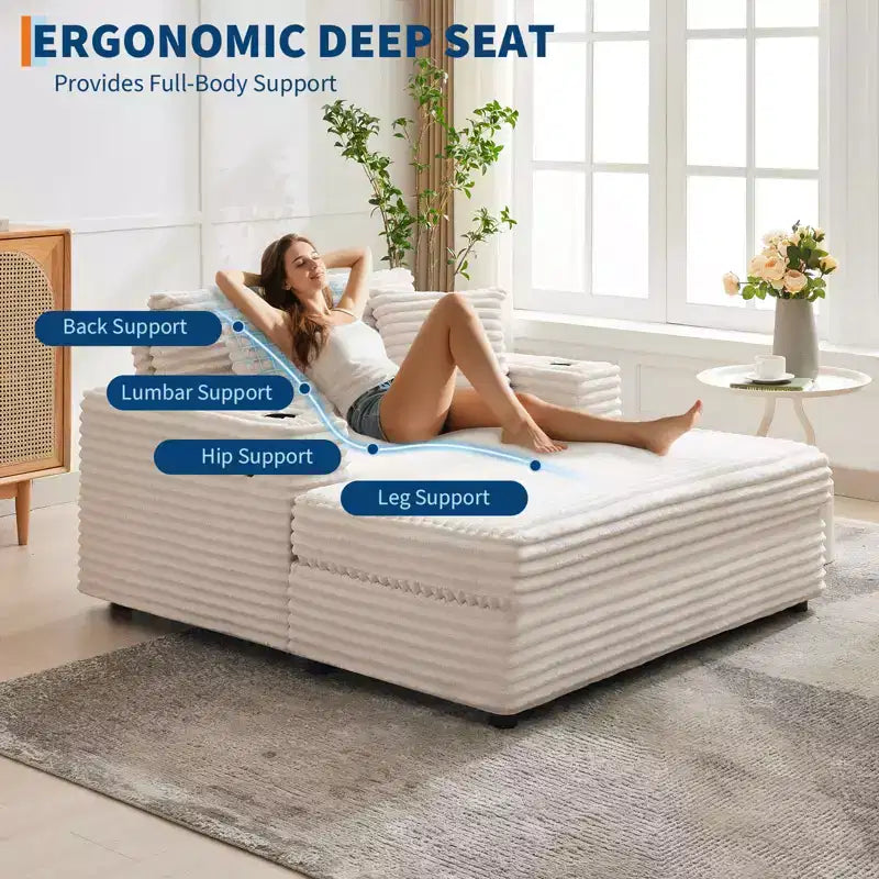 GustoWave 54 Corduroy Chaise Lounge Chair, Oversized Sleeper Sofa with Cup Holders & Pillows, Green Living Room Furniture