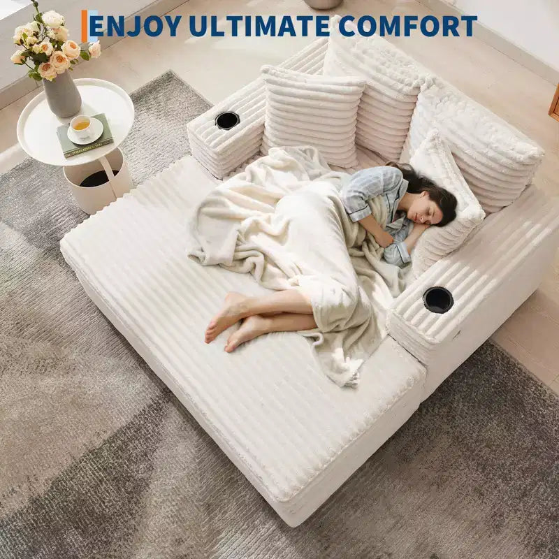 GustoWave 54 Corduroy Chaise Lounge Chair, Oversized Sleeper Sofa with Cup Holders & Pillows, Green Living Room Furniture