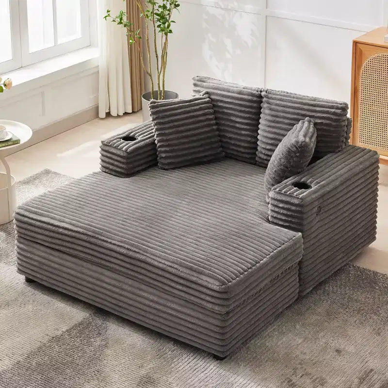 GustoWave 54 Chaise Lounge de pana, sofá cama grande con portavasos y almohadas, muebles de sala de estar verdes