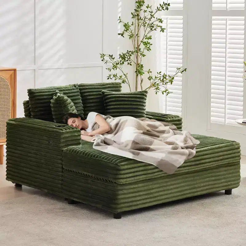 GustoWave 54 Chaise Lounge de pana, sofá cama grande con portavasos y almohadas, muebles de sala de estar verdes