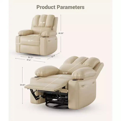 Sillón reclinable giratorio 360, sofá individual manual de cuero PU sobrecargado con portavasos y bolsillos laterales para sala de estar, dormitorio, guardería