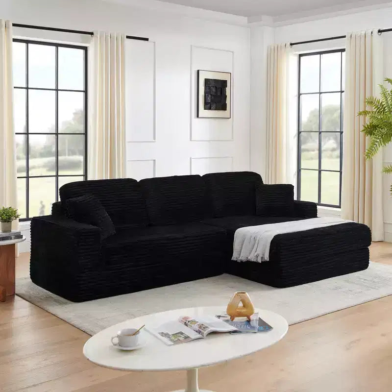 Black Corduroy L-Shape Modular Sectional Sofa, Convertible Sleeper Couch for Living Room