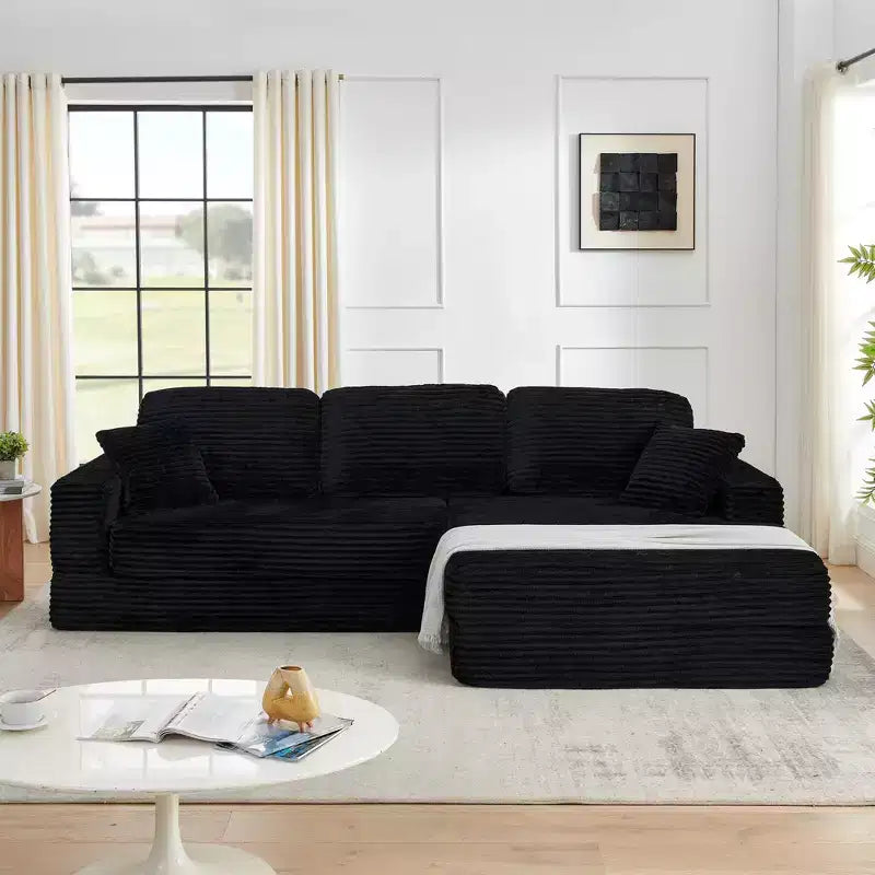 Black Corduroy L-Shape Modular Sectional Sofa, Convertible Sleeper Couch for Living Room