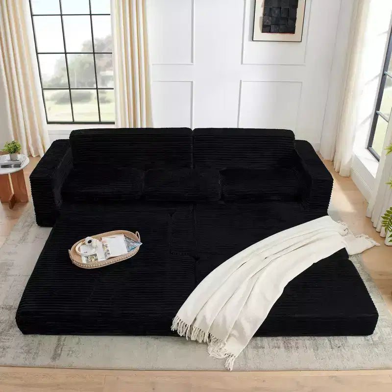 Black Corduroy L-Shape Modular Sectional Sofa, Convertible Sleeper Couch for Living Room
