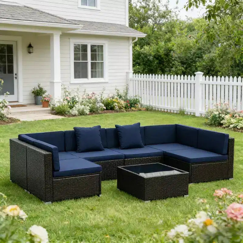 GDFStudio Halstead 7-Piece Outdoor Wicker Sectional Sofa Set with Tempered Glass Coffee Table