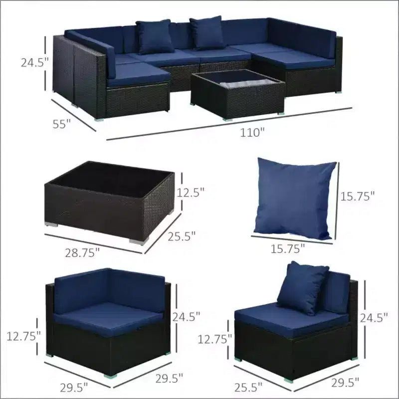 Juego de sofá seccional de mimbre para exterior GDFStudio Halstead de 7 piezas con mesa de centro de vidrio templado