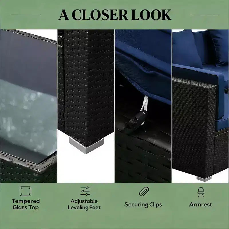 Juego de sofá seccional de mimbre para exterior GDFStudio Halstead de 7 piezas con mesa de centro de vidrio templado