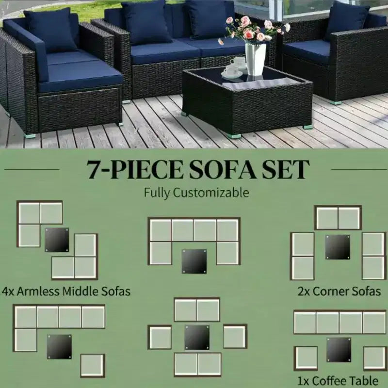 Juego de sofá seccional de mimbre para exterior GDFStudio Halstead de 7 piezas con mesa de centro de vidrio templado