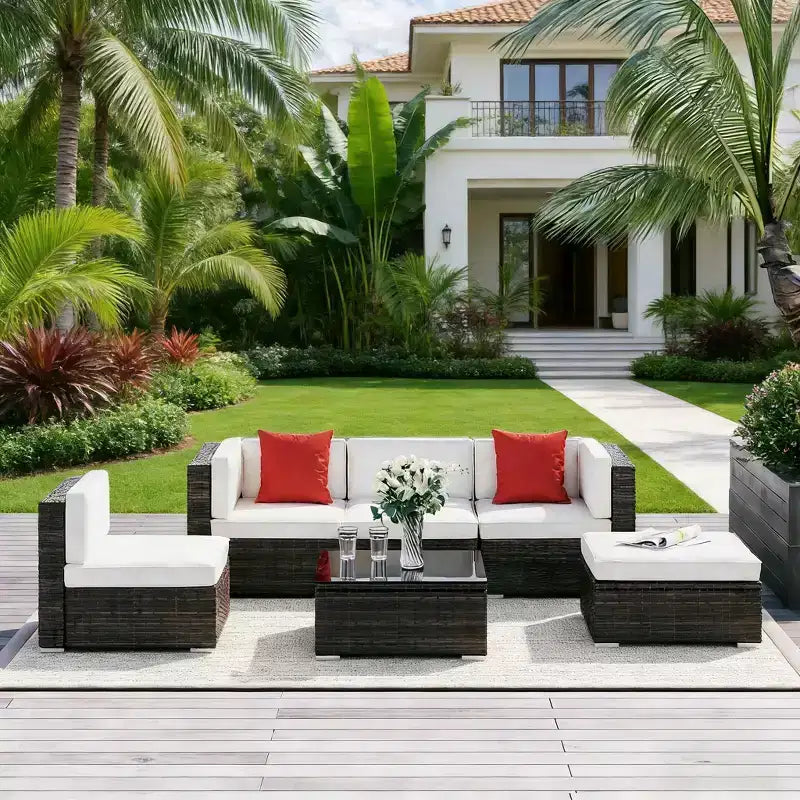 GDFStudio Paige 6-Piece Outdoor Conversation Sofa Set with Ottoman and Tempered Glass Coffee Table