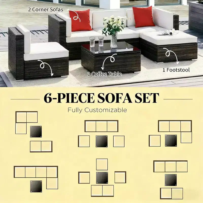 Juego de Sofá de Conversación para Exterior GDFStudio Paige de 6 Piezas con Otomana y Mesa de Centro de Cristal Templado