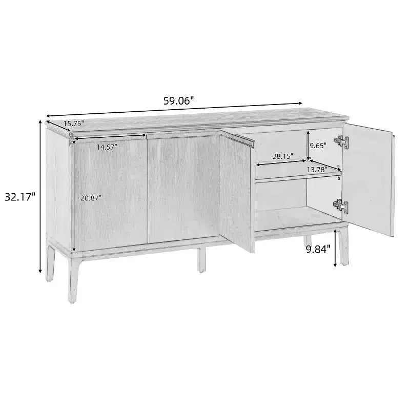 Aparador moderno de 4 puertas de 59" con patas de madera de caucho