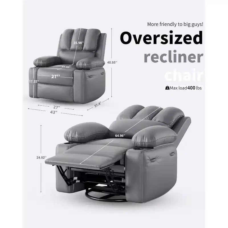Sillón reclinable manual extragrande de cuero, asiento reclinable clásico con soporte lumbar y para brazos, asiento para cine en casa para sala de estar, dormitorio, guardería