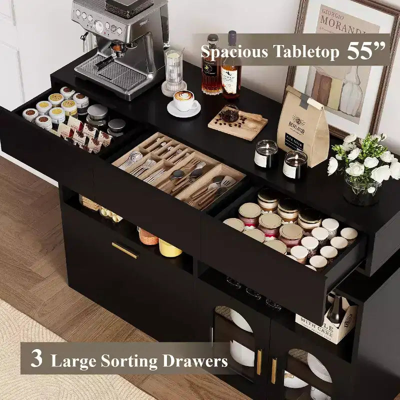 Mueble de Café, 3 Cajones, Estante Ajustable, para Comedor, Sala de Estar, Cocina