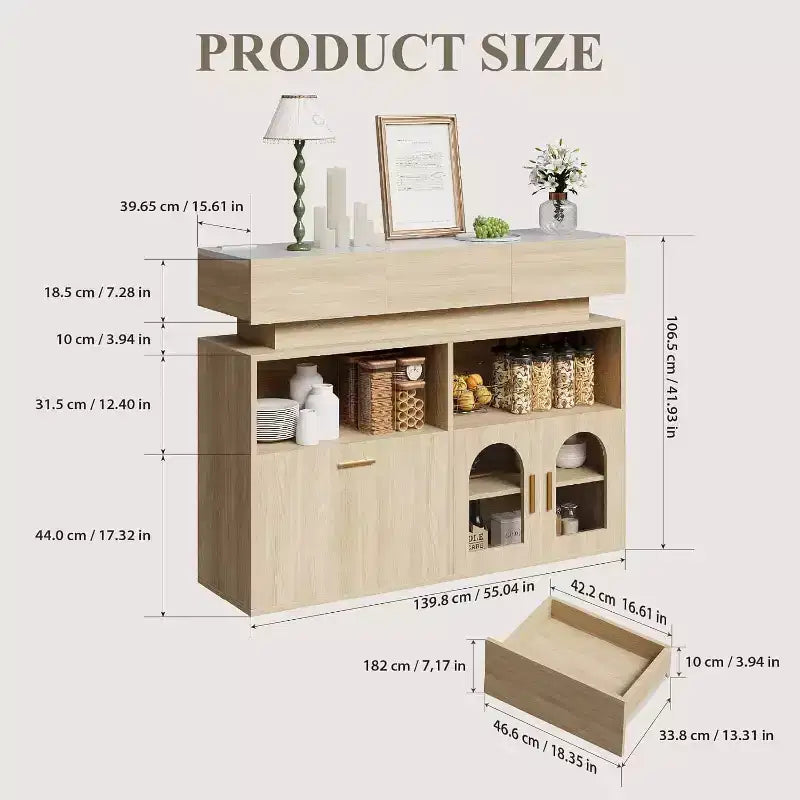 Mueble de Café, 3 Cajones, Estante Ajustable, para Comedor, Sala de Estar, Cocina