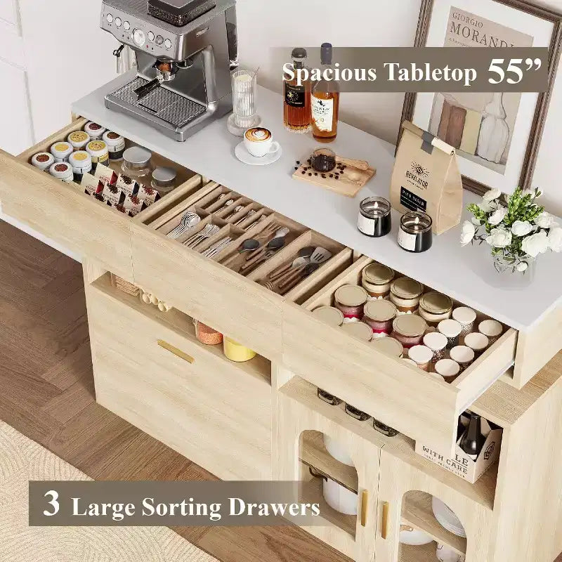 Mueble de Café, 3 Cajones, Estante Ajustable, para Comedor, Sala de Estar, Cocina