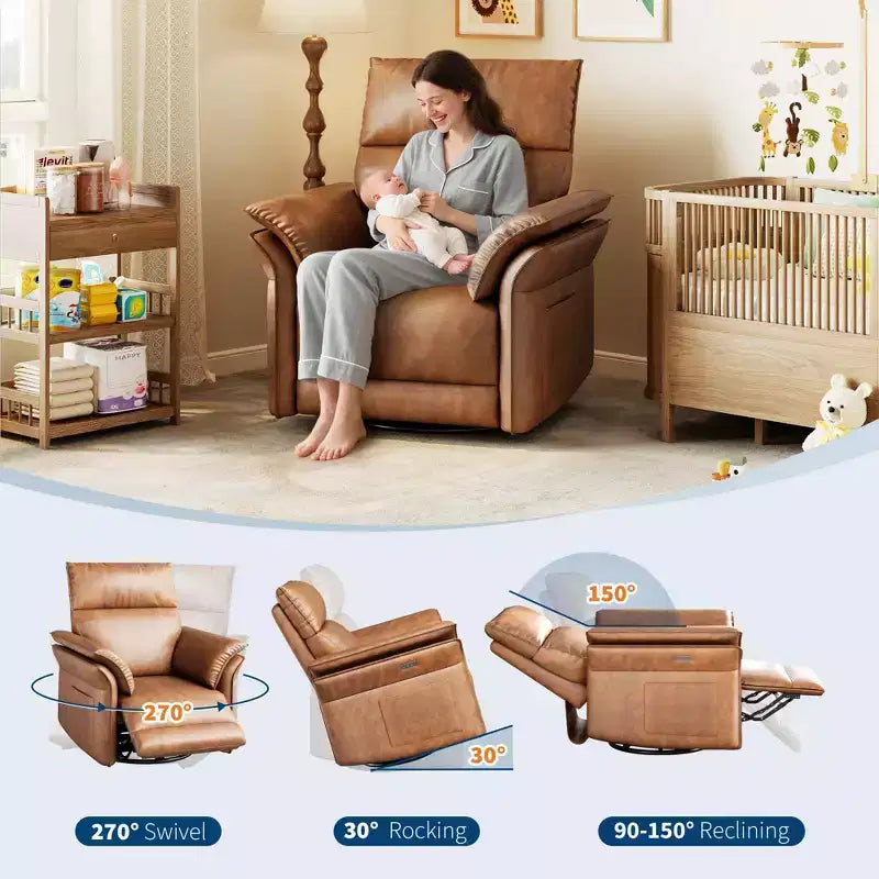PU Leather Recliner Chair for Living Room - 270 Swivel Rocking Glider, Adjustable Recline, Double-Layer Armrests, Comfortable Single Large Sofa