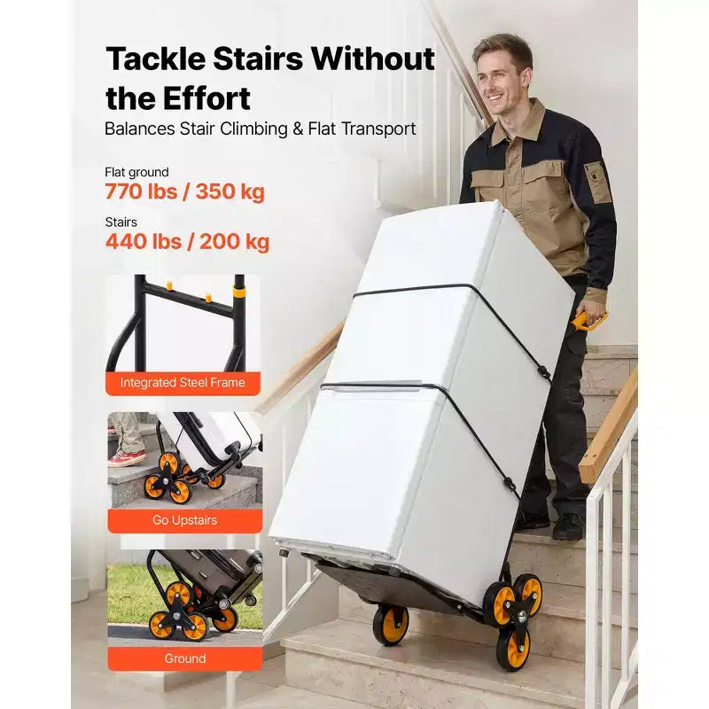 Carro de mano para subir escaleras, capacidad de 440 lbs, carrito plegable resistente con mango telescópico, negro+naranja