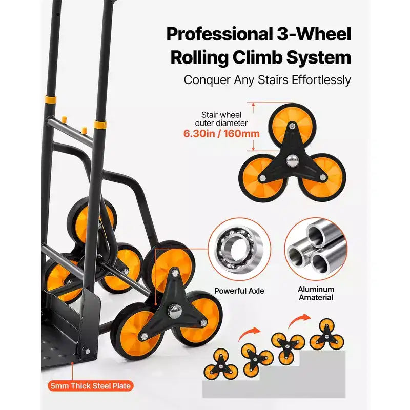Carro de mano para subir escaleras, capacidad de 440 lbs, carrito plegable resistente con mango telescópico, negro+naranja