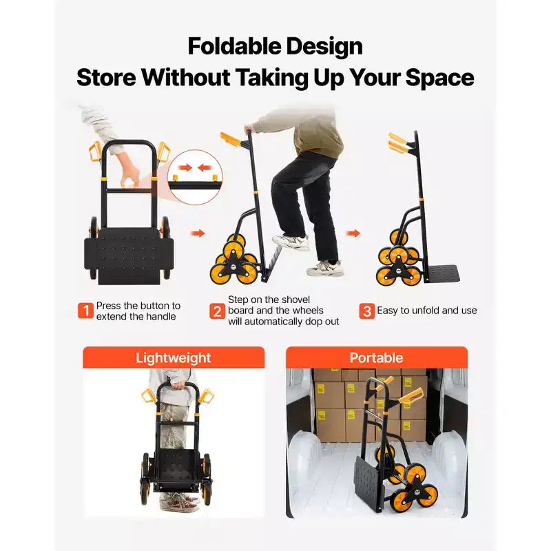 Carro de mano para subir escaleras, capacidad de 440 lbs, carrito plegable resistente con mango telescópico, negro+naranja