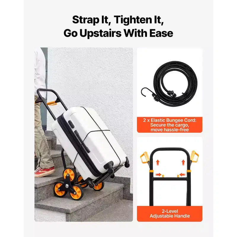 Carro de mano para subir escaleras, capacidad de 440 lbs, carrito plegable resistente con mango telescópico, negro+naranja