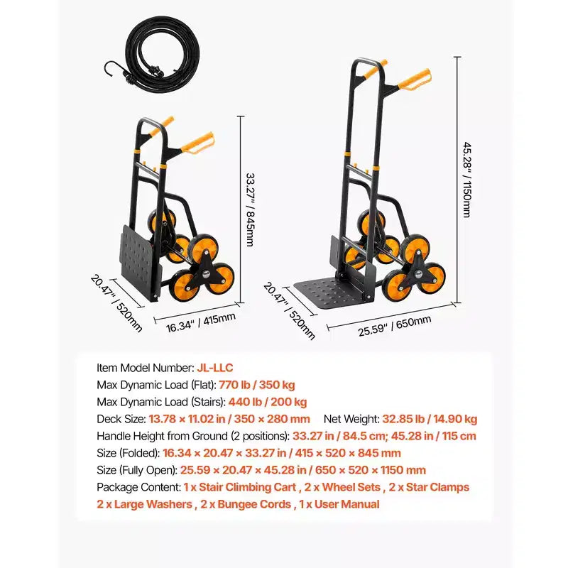 Carro de mano para subir escaleras, capacidad de 440 lbs, carrito plegable resistente con mango telescópico, negro+naranja