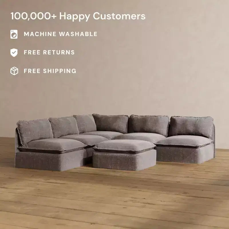 Anabei Modular Washable 5-Seater Open-Ends Corner Sofa Sectional + Ottoman | Memorix+ Seat & Contour Pillow