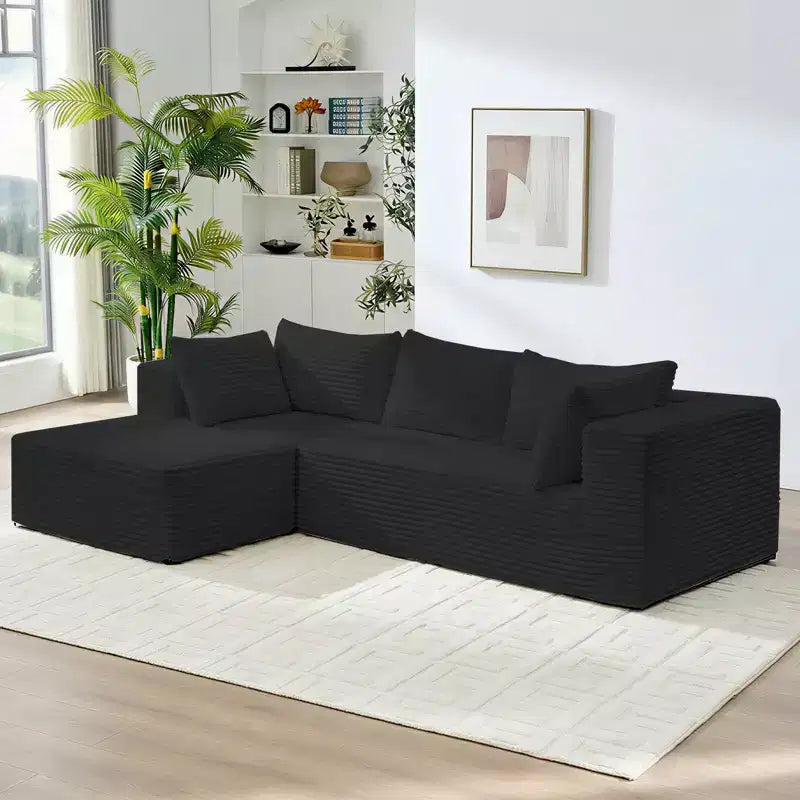 Mjkone Oversized Corduroy L-Shaped Sectional Sofa with Chaise, Modular Design, Black