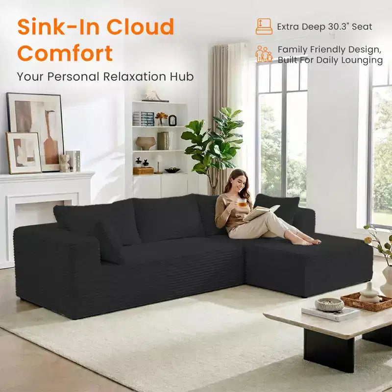 Mjkone Oversized Corduroy L-Shaped Sectional Sofa with Chaise, Modular Design, Black