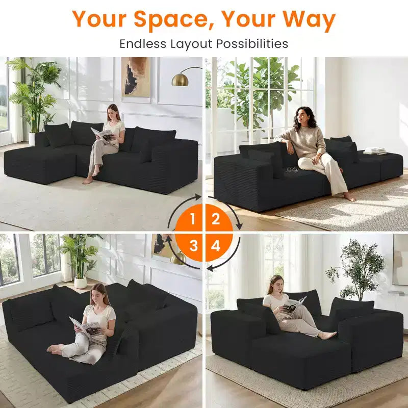 Mjkone Oversized Corduroy L-Shaped Sectional Sofa with Chaise, Modular Design, Black