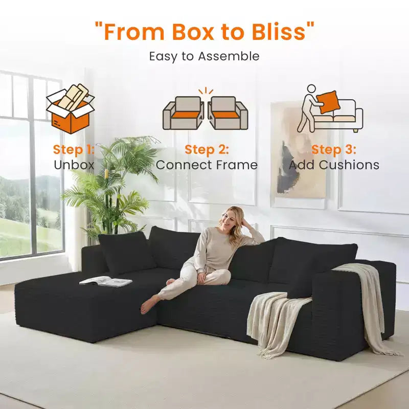 Mjkone Oversized Corduroy L-Shaped Sectional Sofa with Chaise, Modular Design, Black