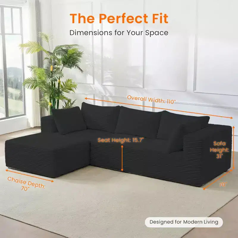 Mjkone Oversized Corduroy L-Shaped Sectional Sofa with Chaise, Modular Design, Black