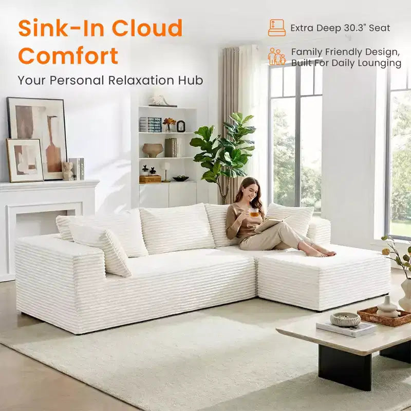Mjkone Oversized Corduroy L-Shaped Sectional Sofa with Chaise, Modular Design, Black