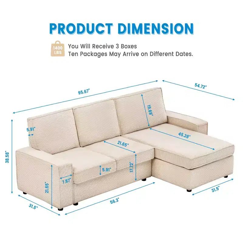 L-Shaped Modular Sectional Sofa, Deep Seat Corduroy Cloud Couch with Chaise, Convertible for Living Room Office