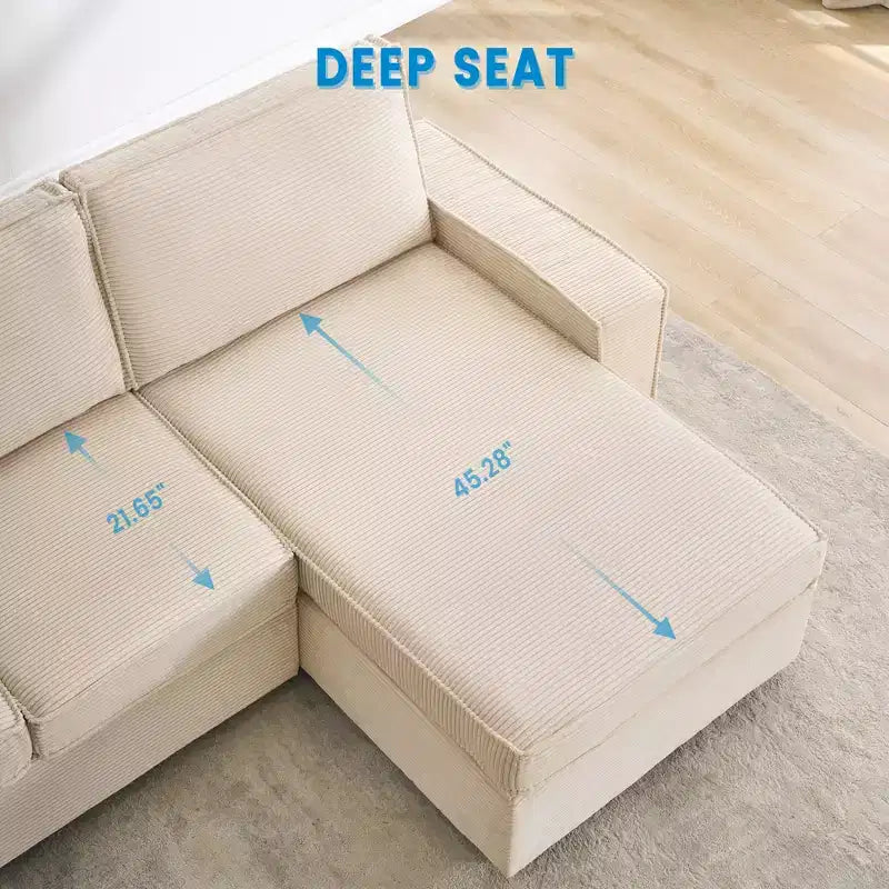 L-Shaped Modular Sectional Sofa, Deep Seat Corduroy Cloud Couch with Chaise, Convertible for Living Room Office
