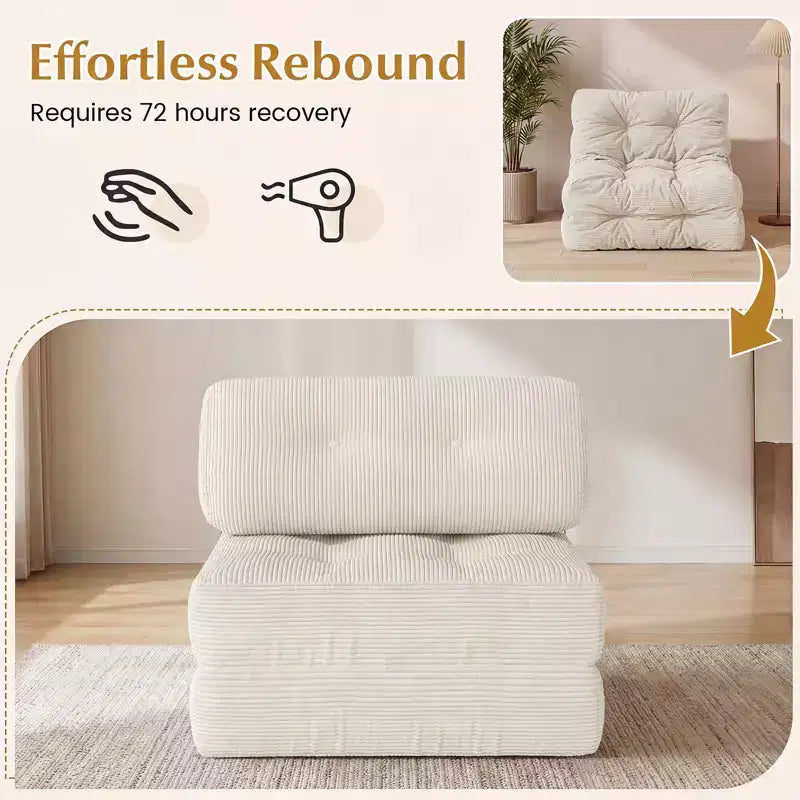 Costway Folding Sofa Bed, Convertible Sleeper Chair with Pillow Back Support Corduroy Cover Beige/ Black/ Gray/ Navy Blue/ Pink