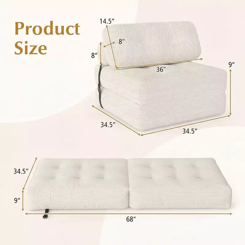 Costway Folding Sofa Bed, Convertible Sleeper Chair with Pillow Back Support Corduroy Cover Beige/ Black/ Gray/ Navy Blue/ Pink