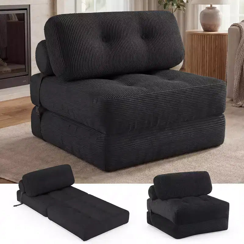 Costway Folding Sofa Bed, Convertible Sleeper Chair with Pillow Back Support Corduroy Cover Beige/ Black/ Gray/ Navy Blue/ Pink