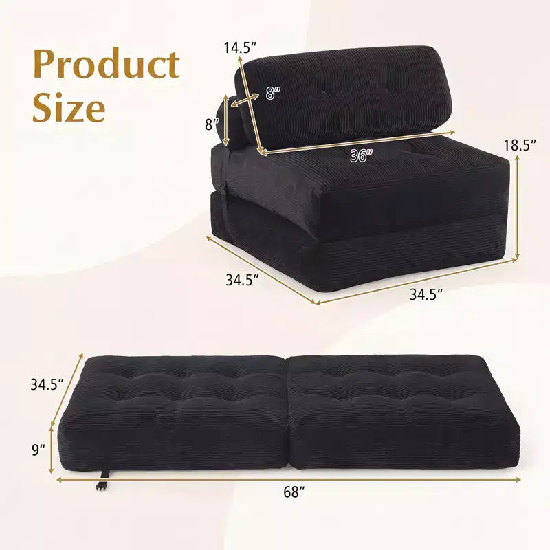 Costway Folding Sofa Bed, Convertible Sleeper Chair with Pillow Back Support Corduroy Cover Beige/ Black/ Gray/ Navy Blue/ Pink