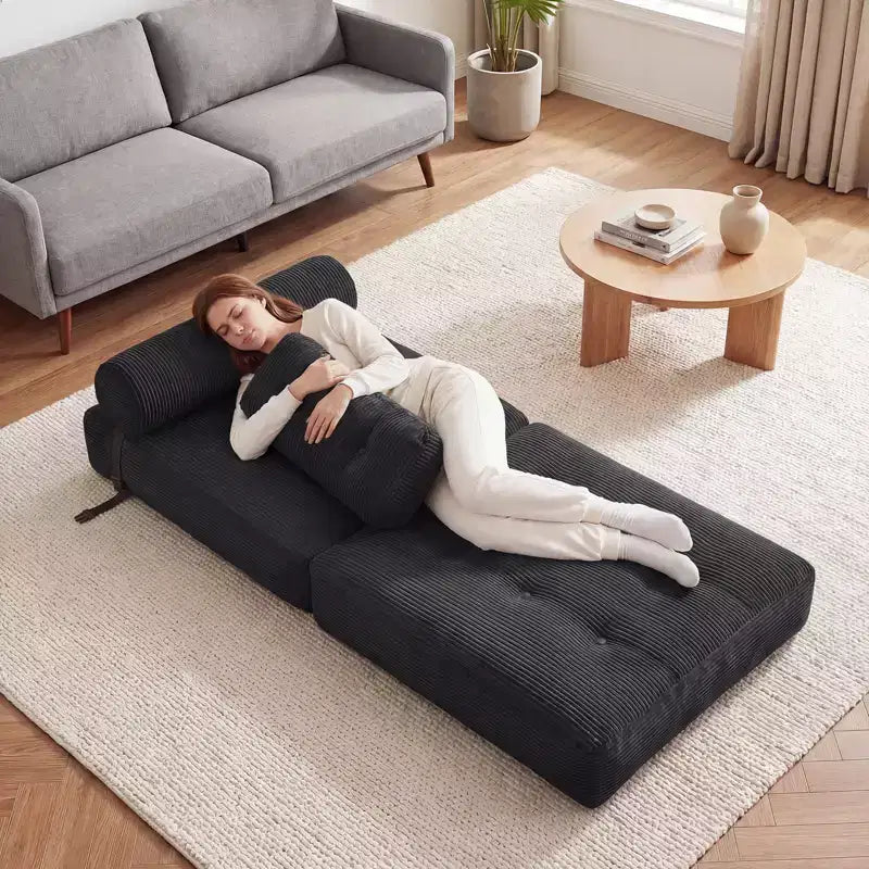 Costway Folding Sofa Bed, Convertible Sleeper Chair with Pillow Back Support Corduroy Cover Beige/ Black/ Gray/ Navy Blue/ Pink