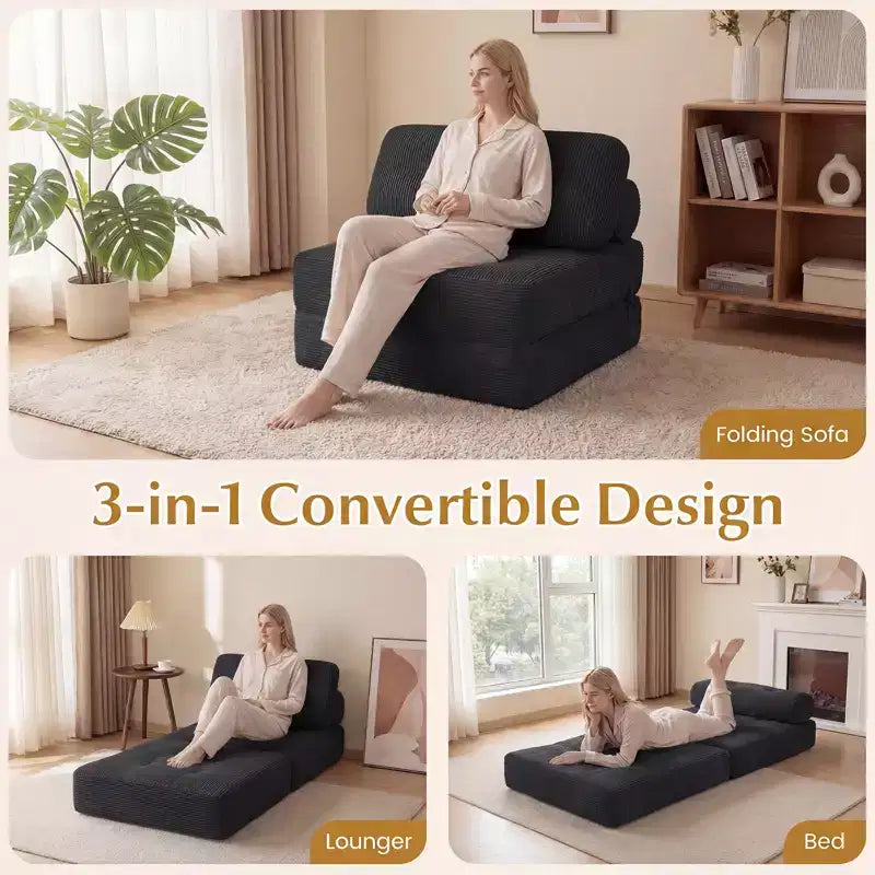 Costway Folding Sofa Bed, Convertible Sleeper Chair with Pillow Back Support Corduroy Cover Beige/ Black/ Gray/ Navy Blue/ Pink