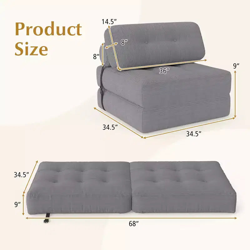 Costway Folding Sofa Bed, Convertible Sleeper Chair with Pillow Back Support Corduroy Cover Beige/ Black/ Gray/ Navy Blue/ Pink