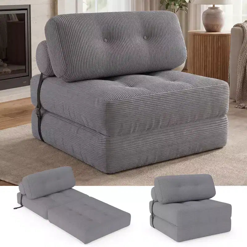 Costway Folding Sofa Bed, Convertible Sleeper Chair with Pillow Back Support Corduroy Cover Beige/ Black/ Gray/ Navy Blue/ Pink