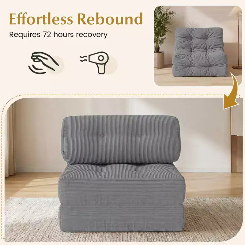 Costway Folding Sofa Bed, Convertible Sleeper Chair with Pillow Back Support Corduroy Cover Beige/ Black/ Gray/ Navy Blue/ Pink