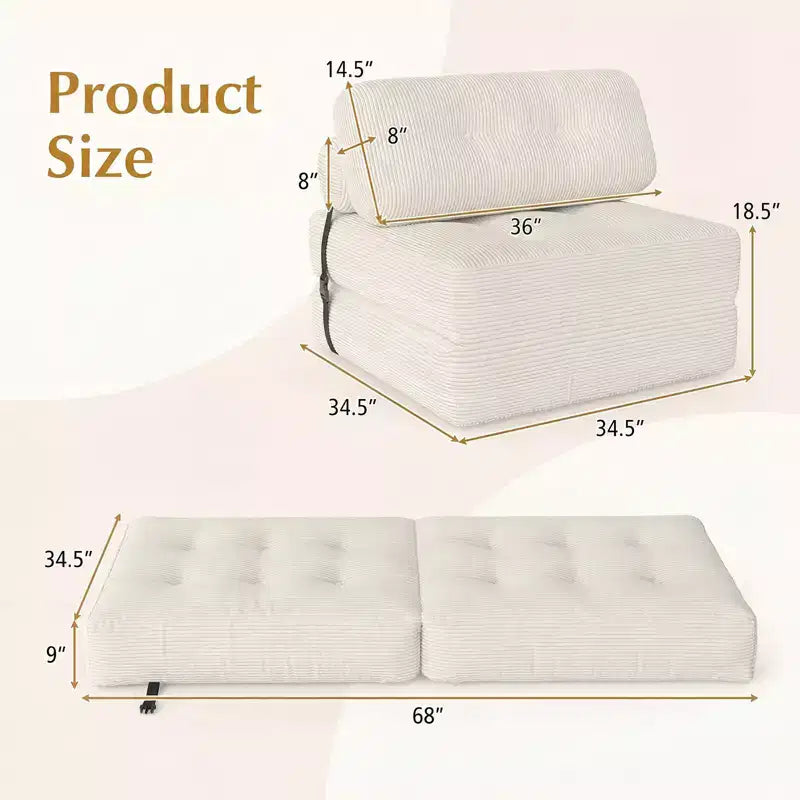Costway Folding Sofa Bed, Convertible Sleeper Chair with Pillow Back Support Corduroy Cover Beige/ Black/ Gray/ Navy Blue/ Pink