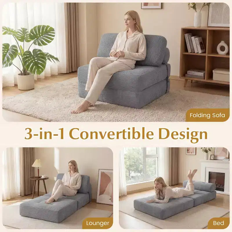Costway Folding Sofa Bed, Convertible Sleeper Chair with Pillow Back Support Corduroy Cover Beige/ Black/ Gray/ Navy Blue/ Pink
