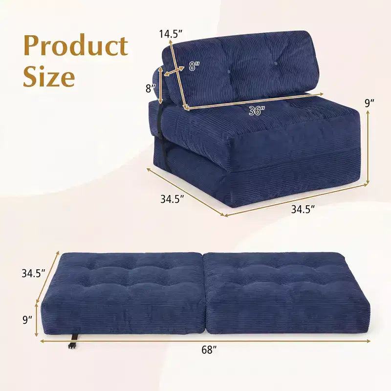 Costway Folding Sofa Bed, Convertible Sleeper Chair with Pillow Back Support Corduroy Cover Beige/ Black/ Gray/ Navy Blue/ Pink