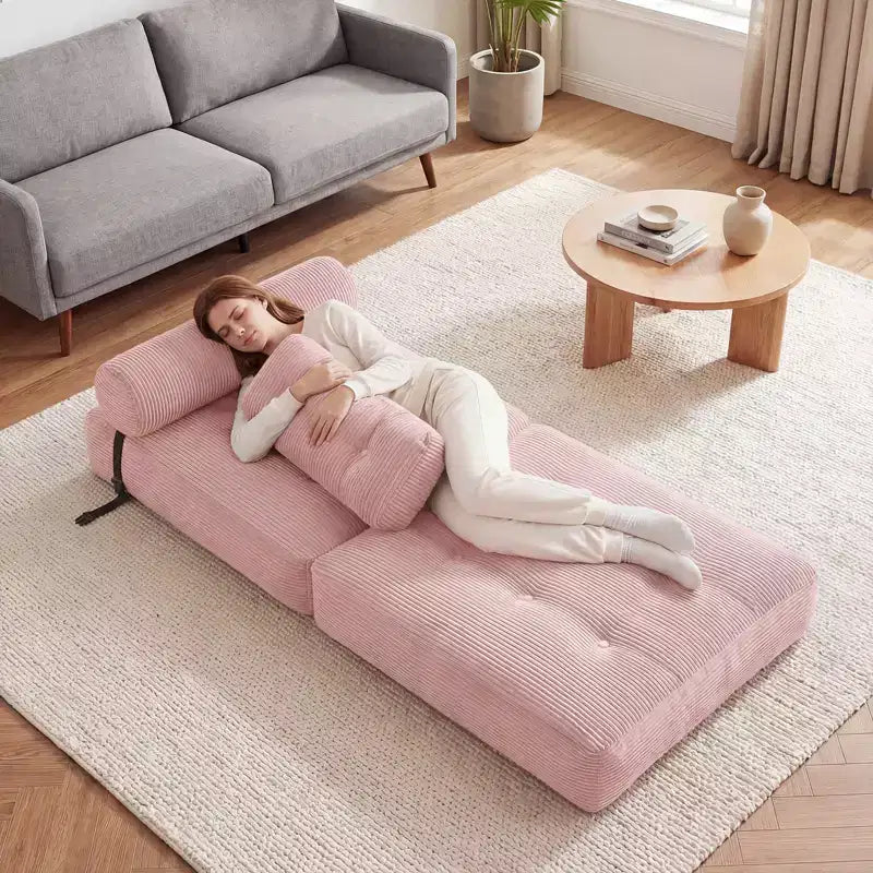 Costway Folding Sofa Bed, Convertible Sleeper Chair with Pillow Back Support Corduroy Cover Beige/ Black/ Gray/ Navy Blue/ Pink
