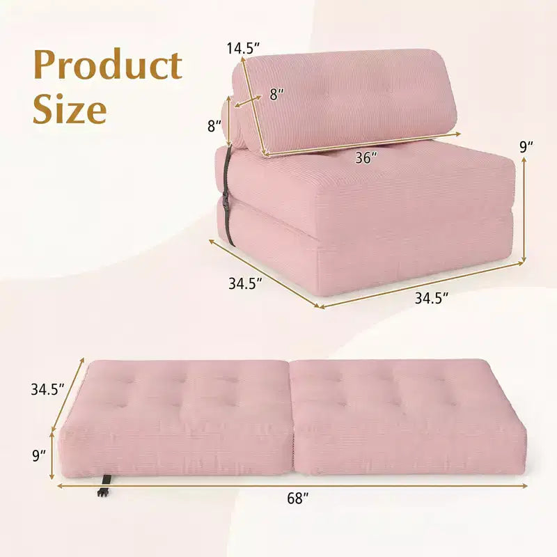 Costway Folding Sofa Bed, Convertible Sleeper Chair with Pillow Back Support Corduroy Cover Beige/ Black/ Gray/ Navy Blue/ Pink