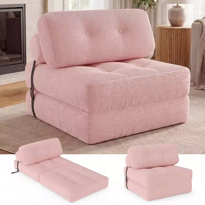 Costway Folding Sofa Bed, Convertible Sleeper Chair with Pillow Back Support Corduroy Cover Beige/ Black/ Gray/ Navy Blue/ Pink