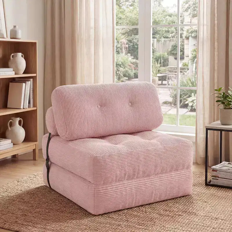 Costway Folding Sofa Bed, Convertible Sleeper Chair with Pillow Back Support Corduroy Cover Beige/ Black/ Gray/ Navy Blue/ Pink